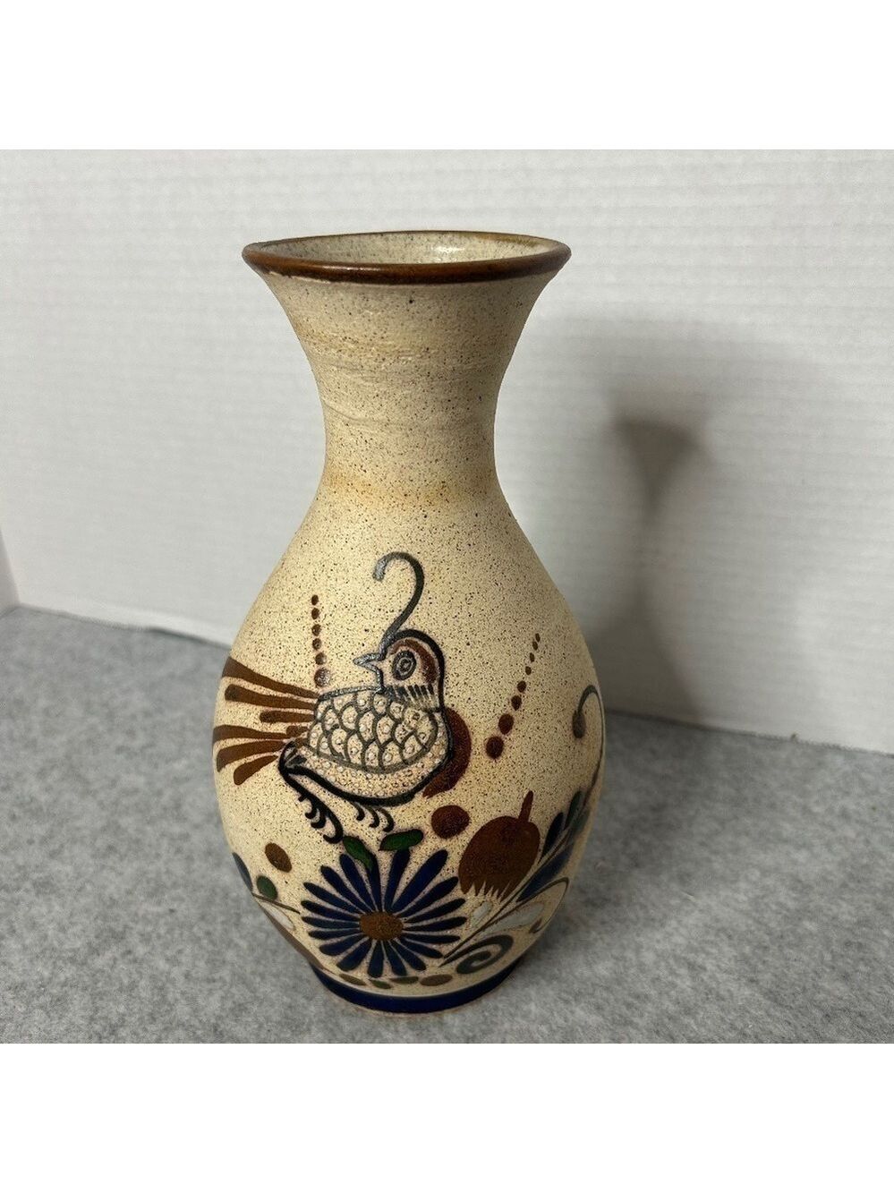 Vintage Tonala Mexican Pottery Vase Birds flowers marked Mexico